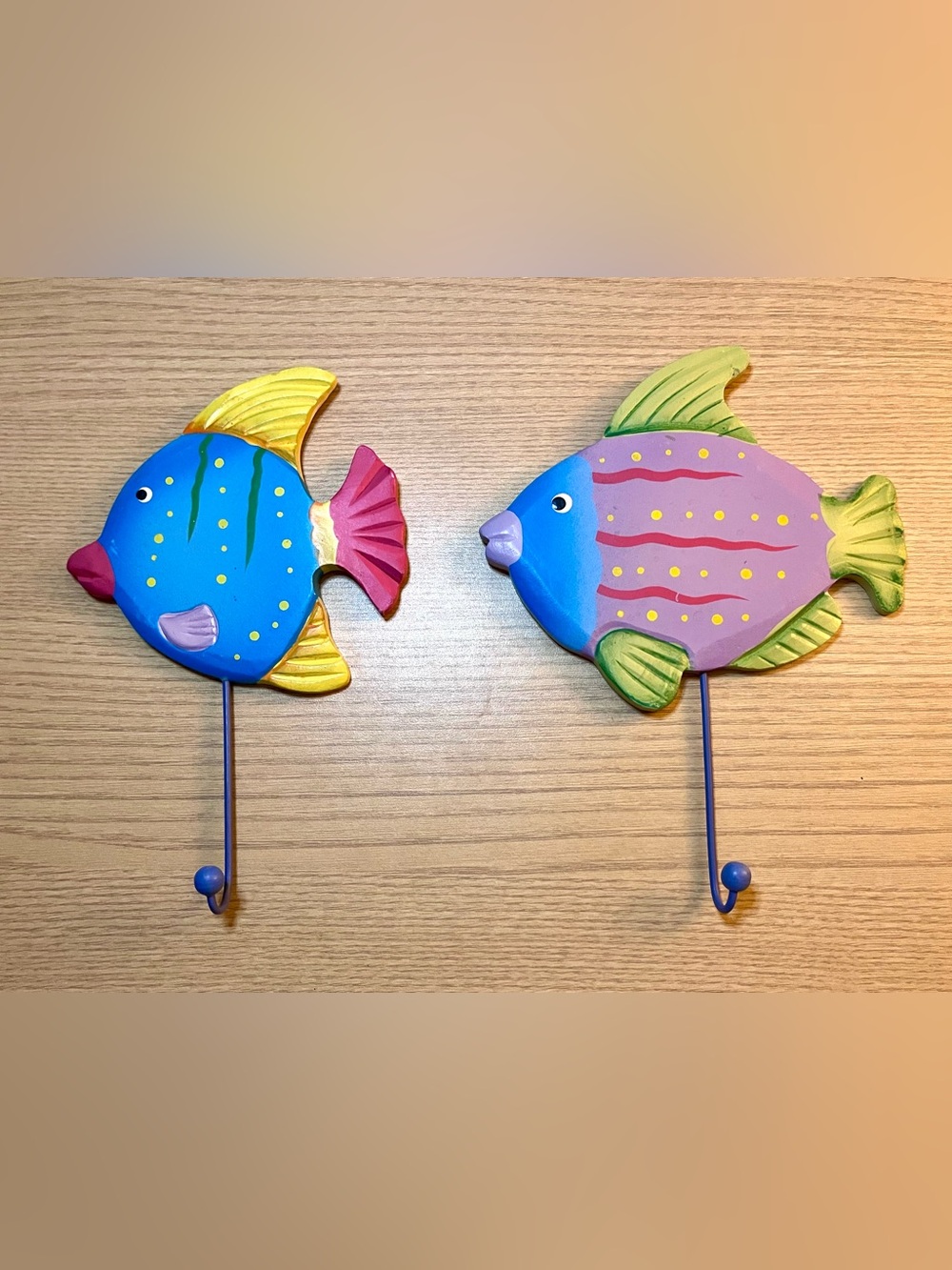 Set of 2 Tropical Fish Wall Hooks Wooden Colorful Beach House Towel Hangers 8"